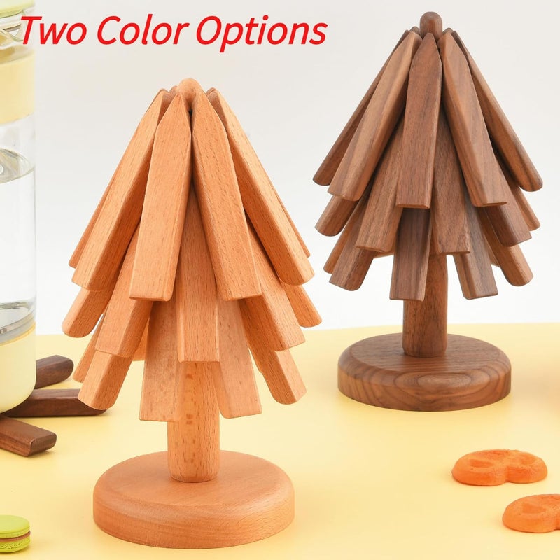 ShinianYa Wooden Tree Trivets for Hot Dishes Tree Coasters Set for Hot Pot Bowl Teapot  3 Wood Trivets  1 Stand Black Walnut Color Box - Image 5