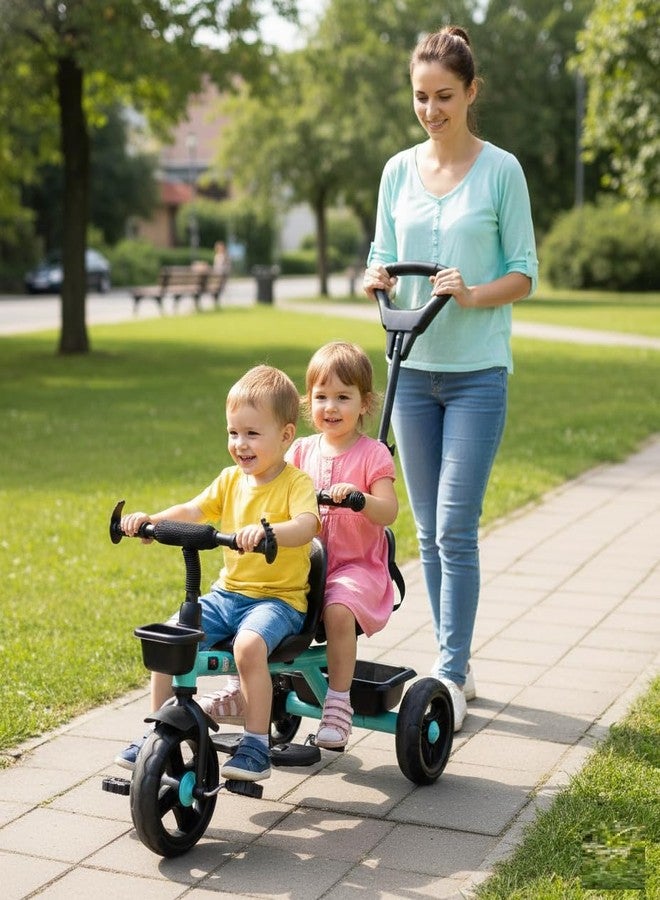JoyRide Twin Trekkers Kids Tricycle with Parental Adjust Push Handle Children Seat Belt Dual Steering 2 footrest 2 Big seat Kids trikes Ride on Cycle Outdoor Toddler Bicycle for Boys & Girls (Blue) - Image 3