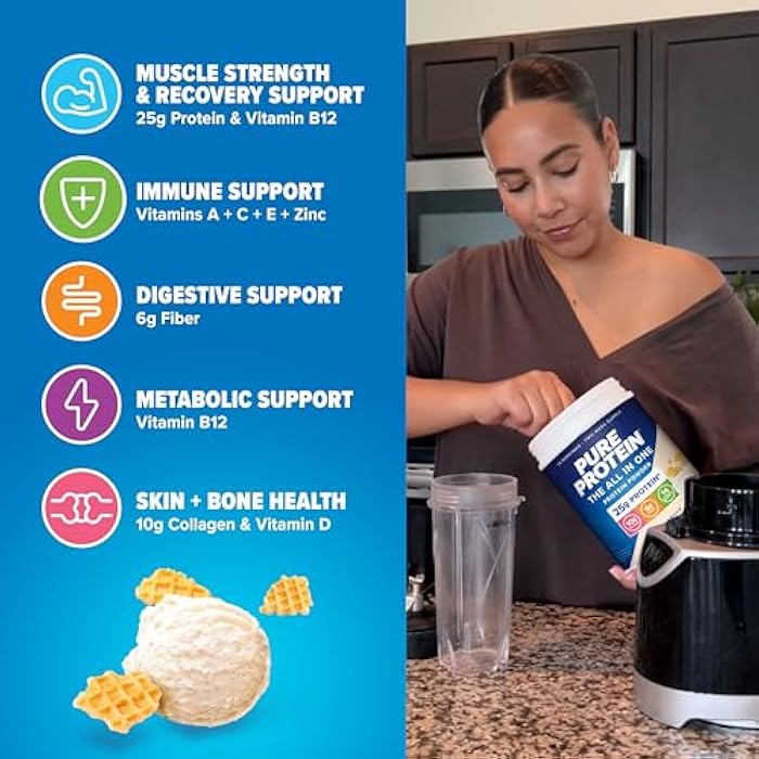 Pure Protein All-In-One Powder, Rich Chocolate - Whey & Collagen, High Fiber, Vitamins, No Added Sugar, Non-GMO, Gluten-Free, 1.25lb - Image 4