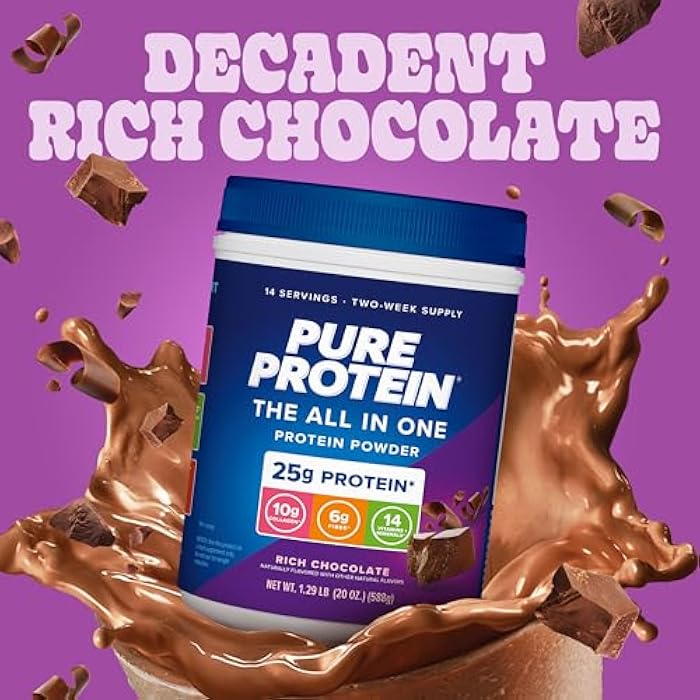 Pure Protein All-In-One Powder, Rich Chocolate - Whey & Collagen, High Fiber, Vitamins, No Added Sugar, Non-GMO, Gluten-Free, 1.25lb - Image 2