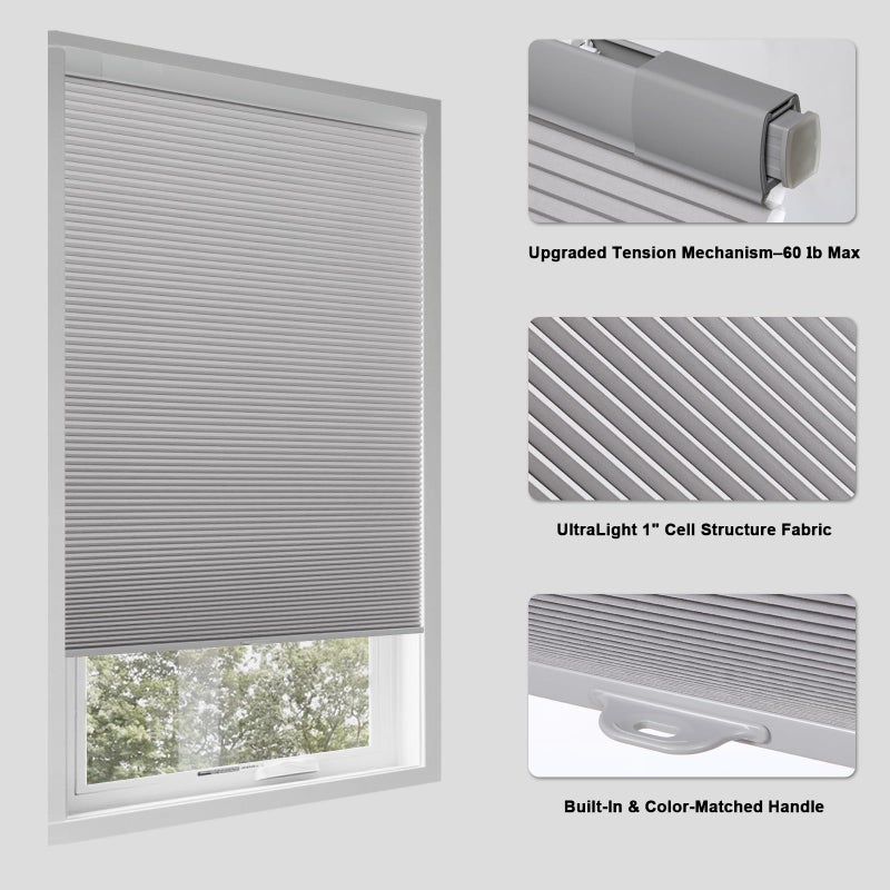 Tonature No Drill Cellular Shades for Indoor Windows, Thermal Insulating & Noise Reducing Honeycomb Blinds, Cordless Free Stop Blinds Light Filtering, Grey,23 1/2" W x 64" H - Image 2
