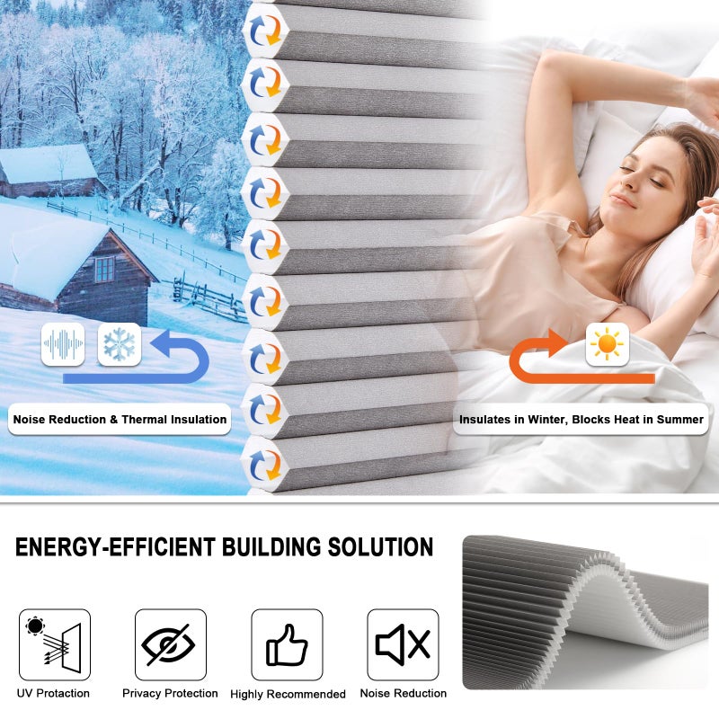 Tonature No Drill Cellular Shades for Indoor Windows, Thermal Insulating & Noise Reducing Honeycomb Blinds, Cordless Free Stop Blinds Light Filtering, Grey,23 1/2" W x 64" H - Image 4