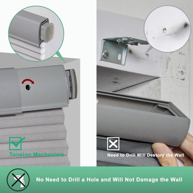 Tonature No Drill Cellular Shades for Indoor Windows, Thermal Insulating & Noise Reducing Honeycomb Blinds, Cordless Free Stop Blinds Light Filtering, Grey,23 1/2" W x 64" H - Image 3