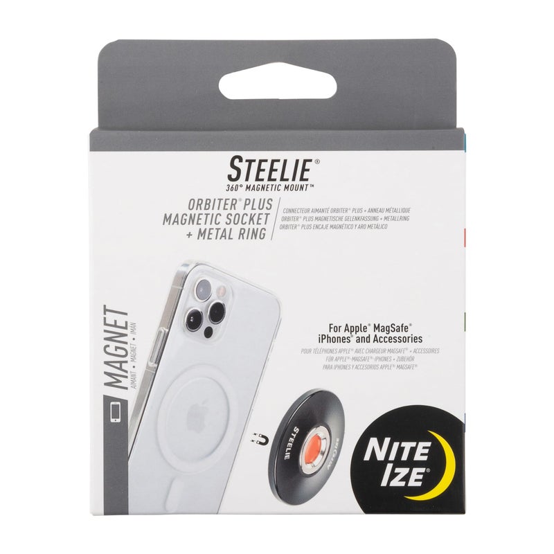 NITE IZE نيت آيز ستيلي أوربيتر بلس مقبس مغناطيسي وحلقة معدنية - حامل لوحة القيادة مع قاعدة مغناطيسية - حامل لوحة قيادة متين للهاتف المحمول - أسود - Image 1