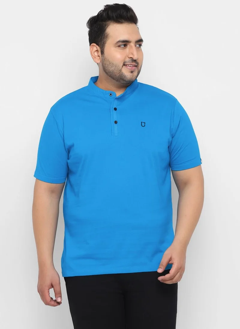 Urbano Plus Men's Sky Blue Solid Mandarin Collar Regular Fit Cotton T-Shirt
