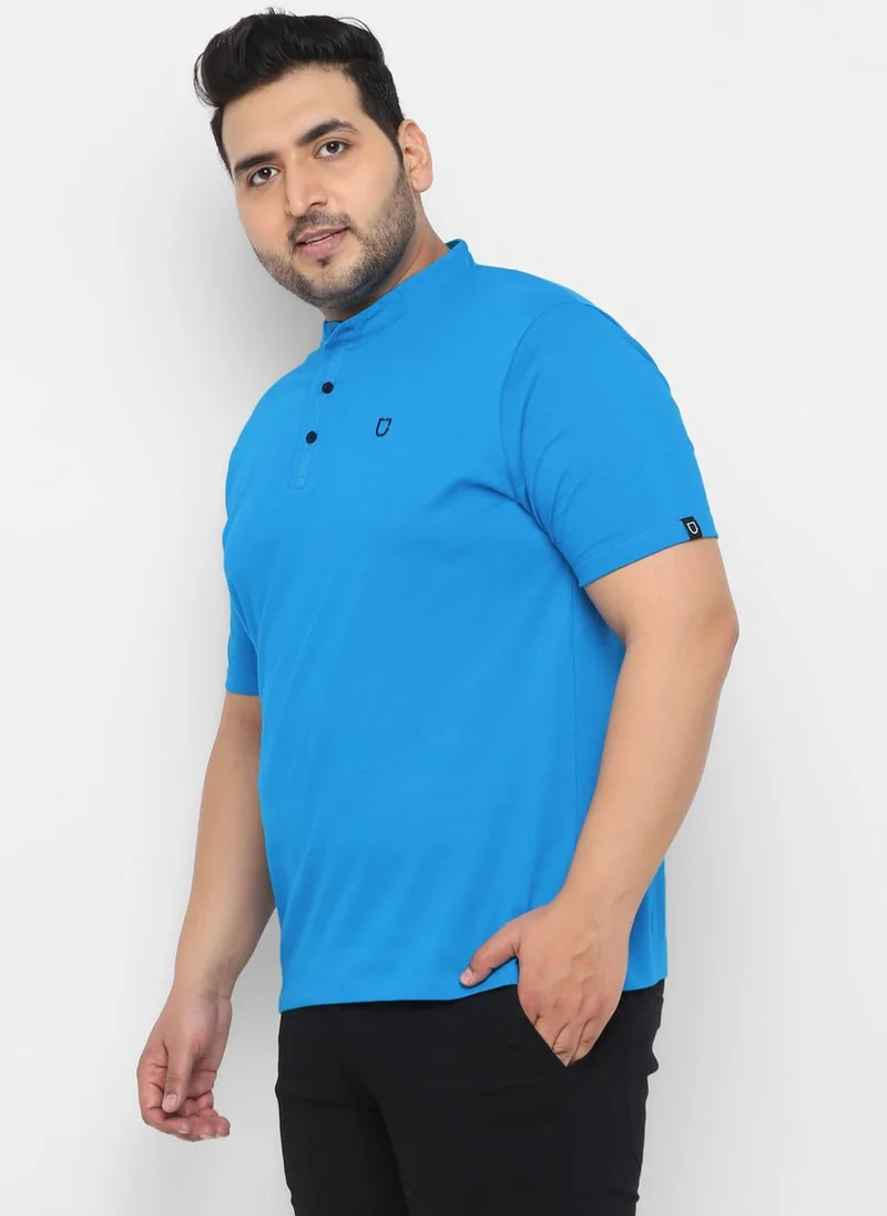 Urbano Fashion  Urbano Plus Men's Sky Blue Solid Mandarin Collar Regular Fit Cotton T-Shirt for Men | Best Price UAE