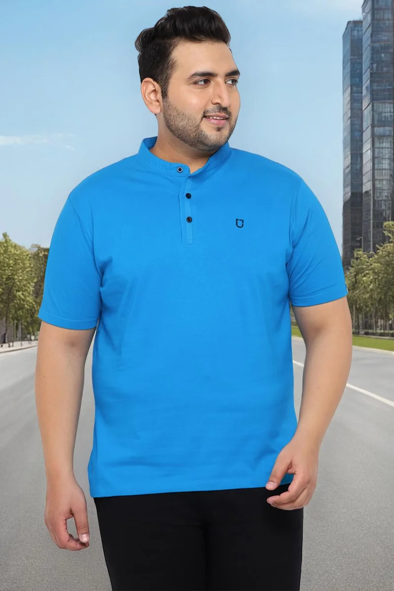 Urbano Fashion  Urbano Plus Men's Sky Blue Solid Mandarin Collar Regular Fit Cotton T-Shirt for Men | Best Price UAE