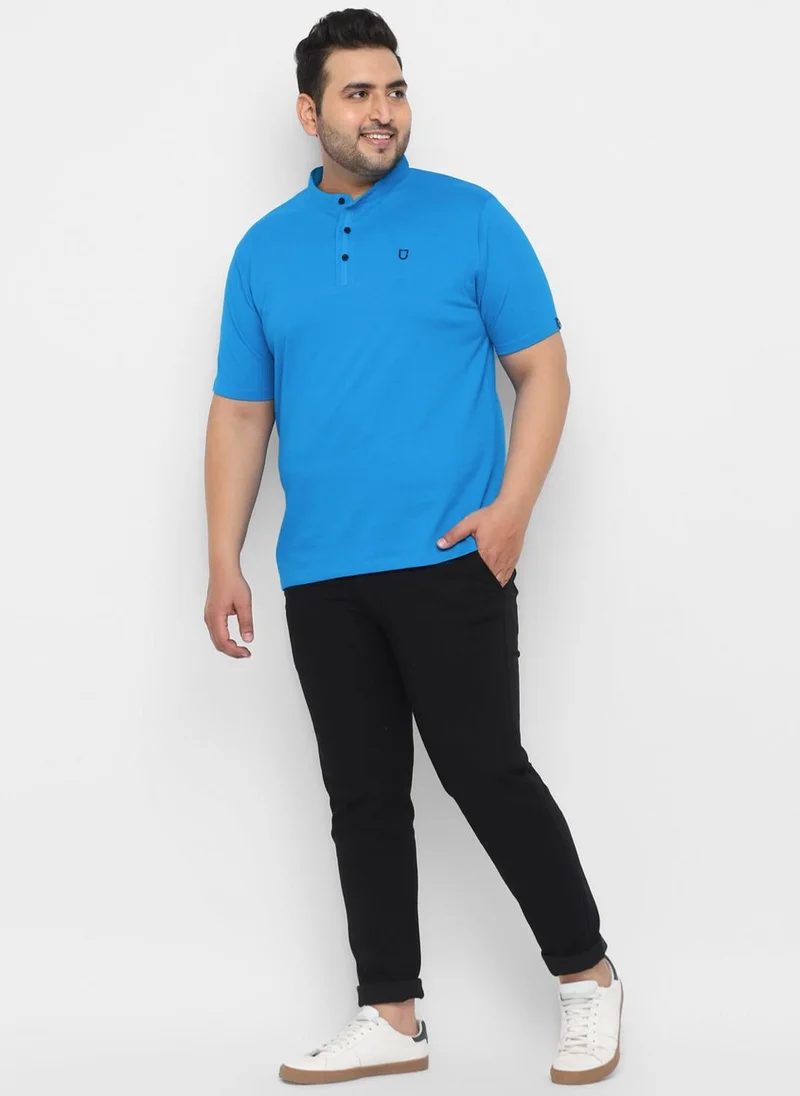 Urbano Fashion  Urbano Plus Men's Sky Blue Solid Mandarin Collar Regular Fit Cotton T-Shirt for Men | Best Price UAE