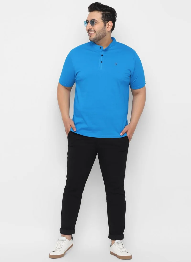 Urbano Fashion  Urbano Plus Men's Sky Blue Solid Mandarin Collar Regular Fit Cotton T-Shirt for Men | Best Price UAE