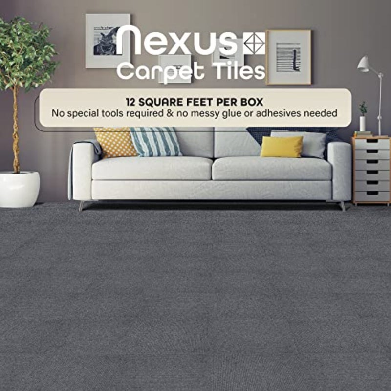 المفروشات المنزلية Nexus 12 بوصة × 12 بوصة بلاط أرضيات سجاد ذاتي اللصق للاستخدام السكني، ألياف البوليستر، رمادي فحمي، تركيب سهل التقشير واللصق - Image 4