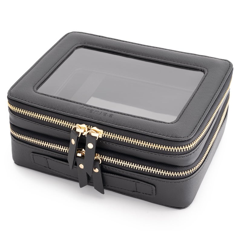 Aveniee Clear Makeup Bags,Double Layer Cosmetic Bags with Separate Brush Compartment,Large Travel Toiletry Bag Cosmetic Case,Travel Accessories Organizer for Women,2 Layers,Black - Image 1