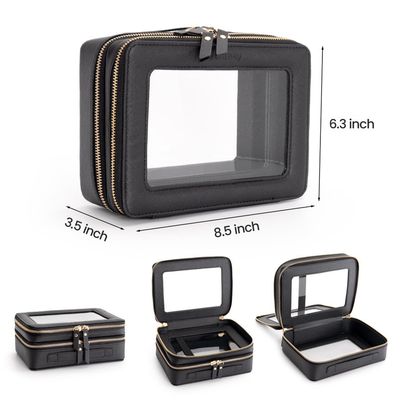Aveniee Clear Makeup Bags,Double Layer Cosmetic Bags with Separate Brush Compartment,Large Travel Toiletry Bag Cosmetic Case,Travel Accessories Organizer for Women,2 Layers,Black - Image 2