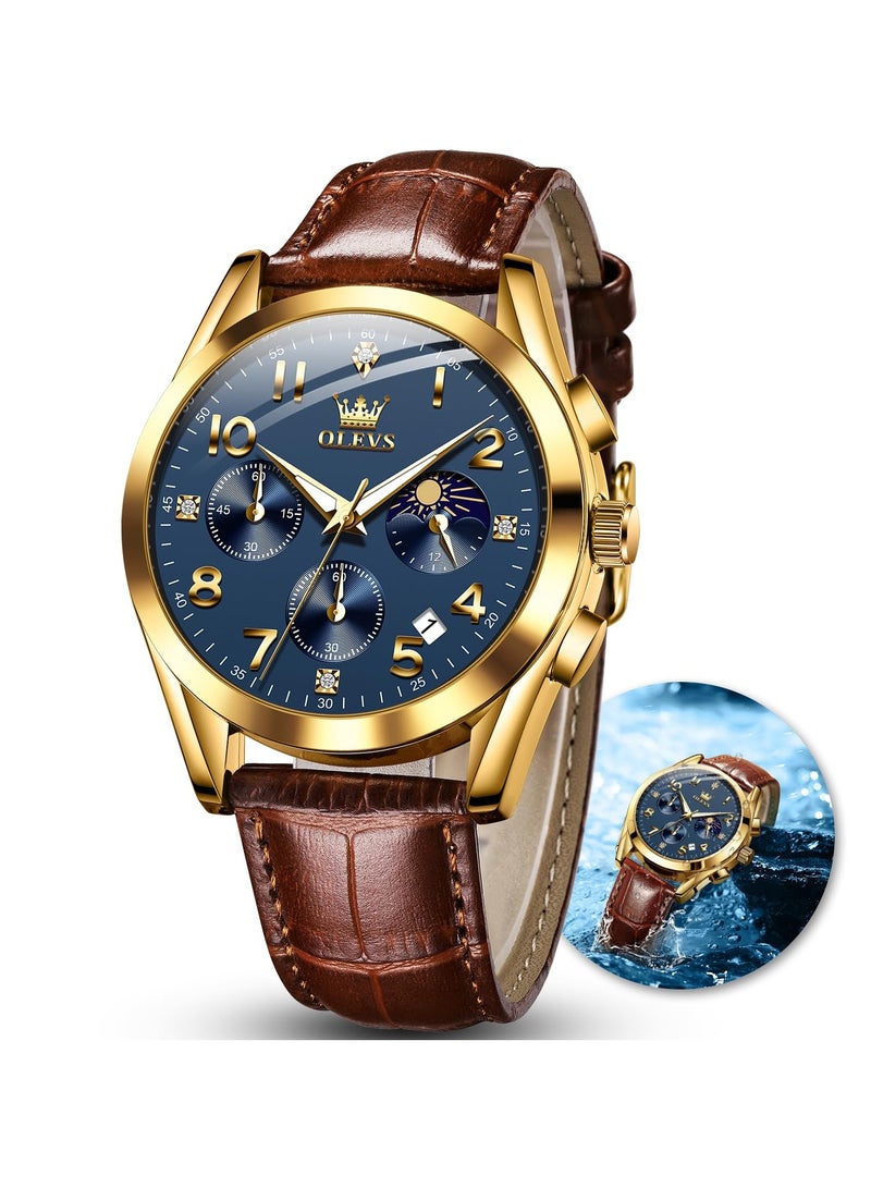 OLEVS Men's Watches Brown Leather with Date,Casual Watches for Men,Large Face Watches Men,Chronograph Mens Watch,Sport Waterproof Business Dress Analog Quartz Men's Wrist Watches Reloj De Hombre - Image 1