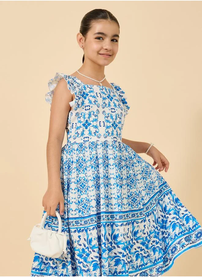 Styli All Over Print Ruffled Sleeves Dress