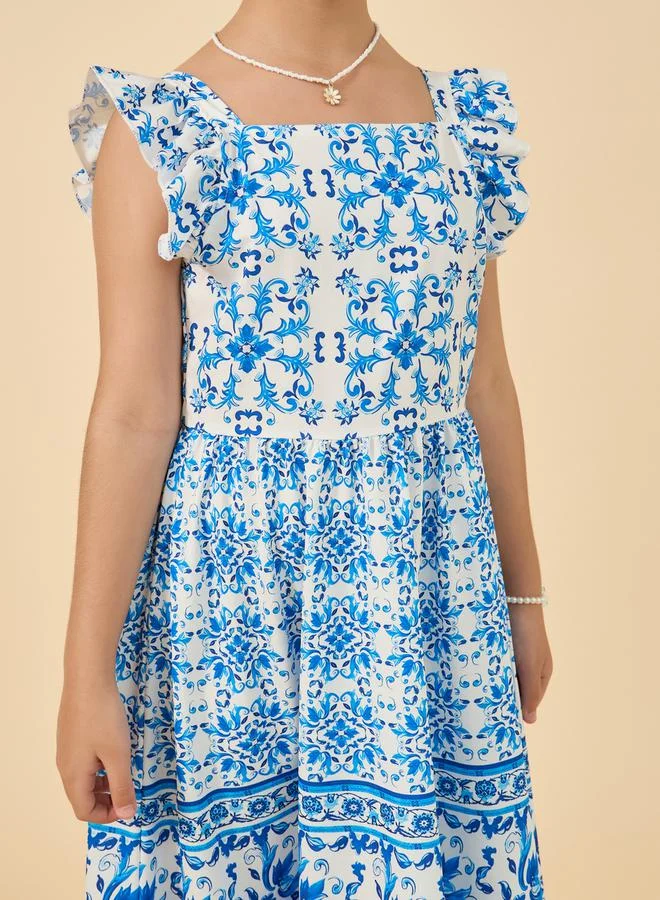 Styli Styli All Over Print Ruffled Sleeves Dress