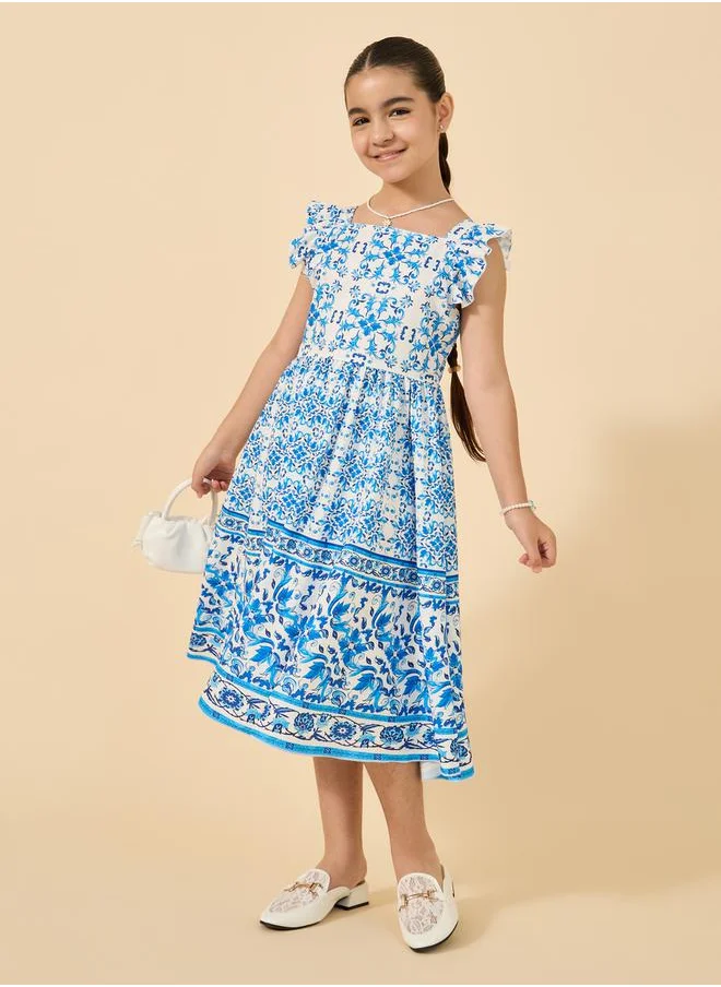 Styli All Over Print Ruffled Sleeves Dress