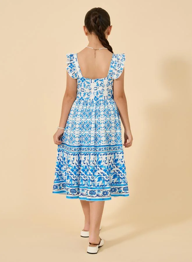 Styli Styli All Over Print Ruffled Sleeves Dress
