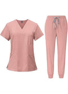 L&E Scrub for Women Set, Female Nurse Uniform, Classic V neck Top and Jogger Scrub Pants Medica l Uniform Suit with 9 Pockets, Hospital Staff, clinics, Home Health, Pink, S  - Image 1