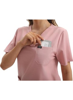 L&E Scrub for Women Set, Female Nurse Uniform, Classic V neck Top and Jogger Scrub Pants Medica l Uniform Suit with 9 Pockets, Hospital Staff, clinics, Home Health, Pink, S  - Image 2