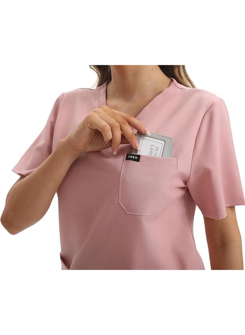 L&E Scrub for Women Set, Female Nurse Uniform, Classic V neck Top and Jogger Scrub Pants Medica l Uniform Suit with 9 Pockets, Hospital Staff, clinics, Home Health, Pink, S  - Image 2