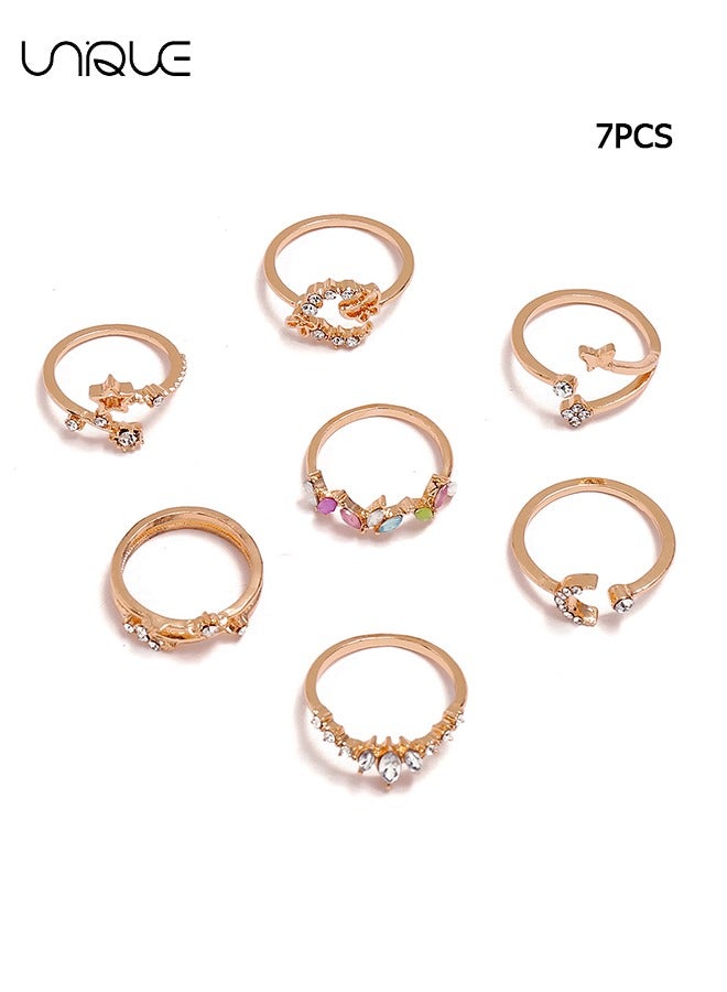 Unique 7 Piece Ring Set - Butterfly Flower Diamond Ring - Golden Moon Star Ring - Colored Ring Set - Women's Girls Jewelry - Image 1