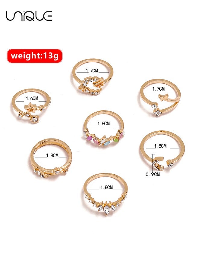 Unique 7 Piece Ring Set - Butterfly Flower Diamond Ring - Golden Moon Star Ring - Colored Ring Set - Women's Girls Jewelry - Image 2