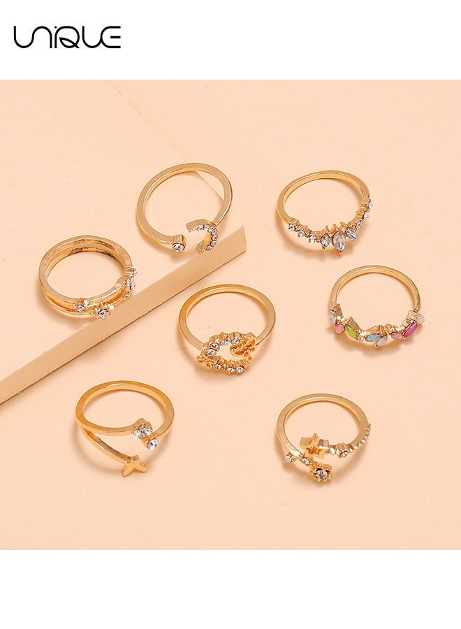 Unique 7 Piece Ring Set - Butterfly Flower Diamond Ring - Golden Moon Star Ring - Colored Ring Set - Women's Girls Jewelry - Image 3