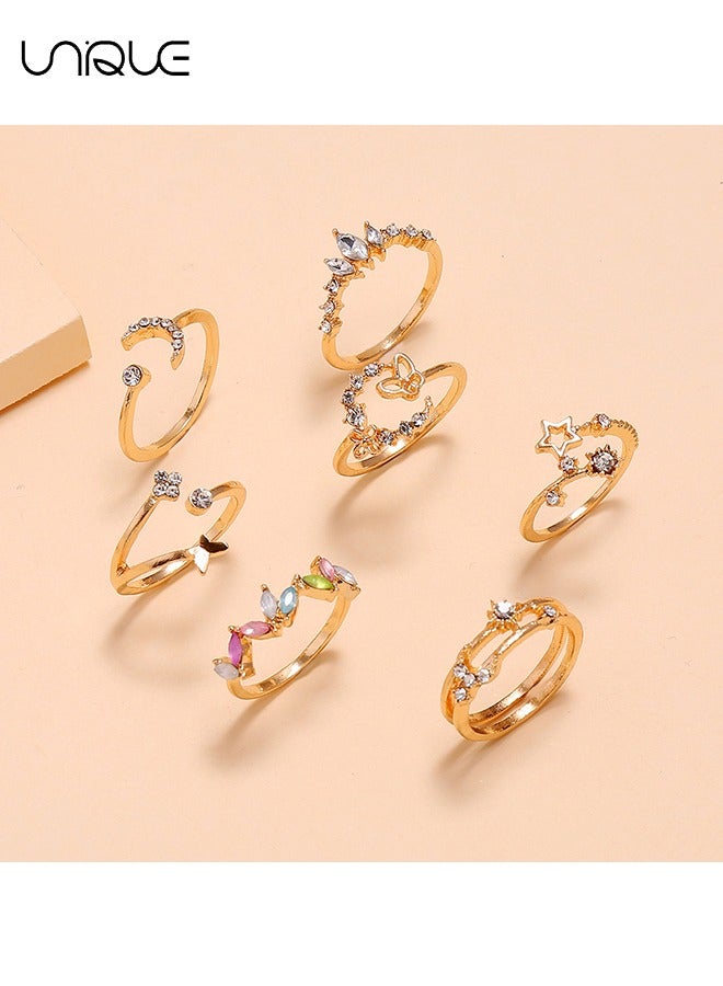 Unique 7 Piece Ring Set - Butterfly Flower Diamond Ring - Golden Moon Star Ring - Colored Ring Set - Women's Girls Jewelry - Image 4