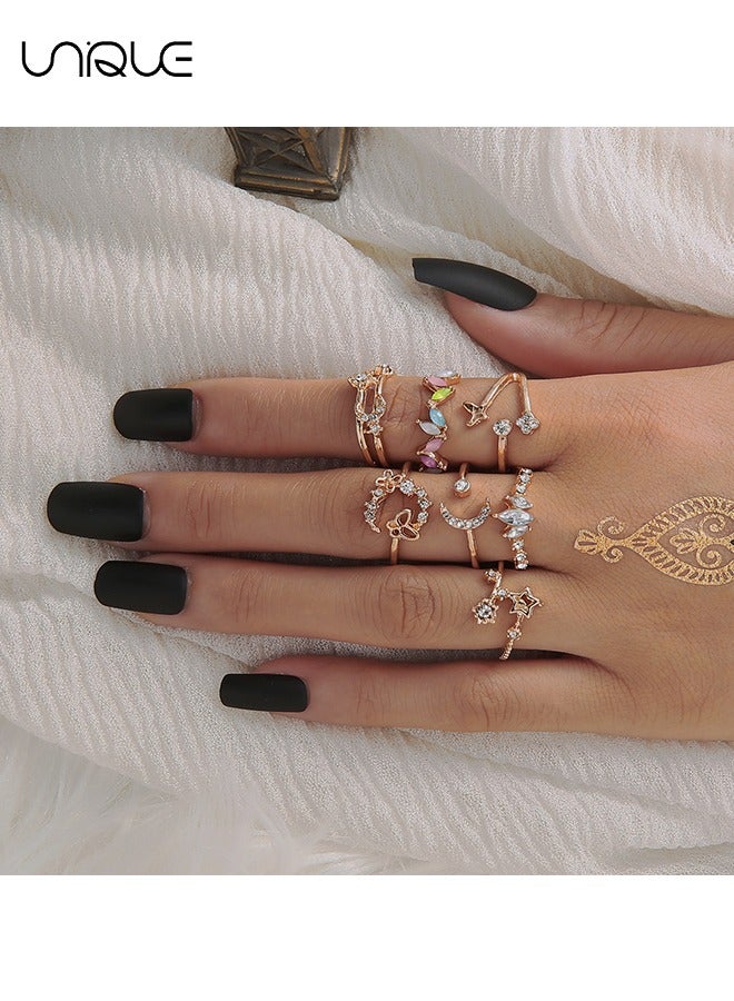 Unique 7 Piece Ring Set - Butterfly Flower Diamond Ring - Golden Moon Star Ring - Colored Ring Set - Women's Girls Jewelry - Image 5