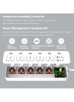Anmi 3M Extension Cord Universal Power Strips 5 AC/ 2 USB A/4 USB C Power strip 6 individual switches Surge Protection For Home office White  - Image 3