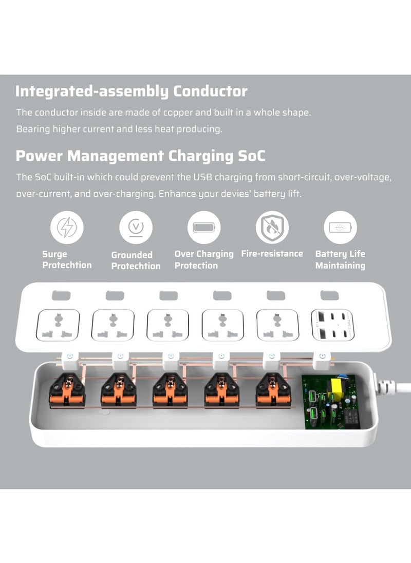Anmi - 3M Extension Cord Universal Power Strips 5 AC/ 2 USB A/4 USB C Power strip 6 individual switches Surge Protection For Home office White - Image 1