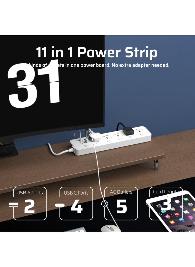 Anmi - 3M Extension Cord Universal Power Strips 5 AC/ 2 USB A/4 USB C Power strip 6 individual switches Surge Protection For Home office White - Image 1