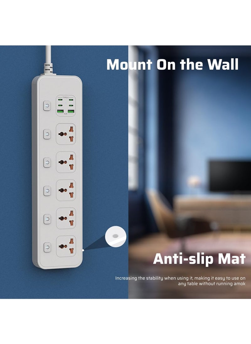 Anmi - 3M Extension Cord Universal Power Strips 5 AC/ 2 USB A/4 USB C Power strip 6 individual switches Surge Protection For Home office White - Image 1