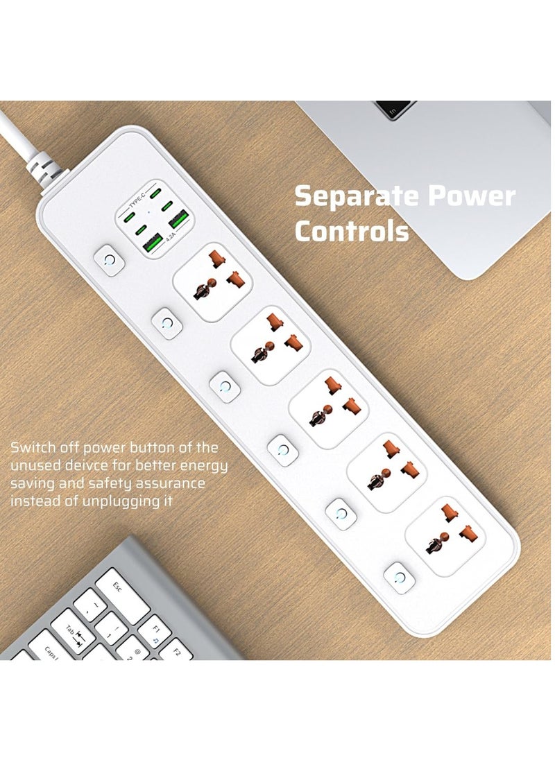 Anmi - 3M Extension Cord Universal Power Strips 5 AC/ 2 USB A/4 USB C Power strip 6 individual switches Surge Protection For Home office White - Image 1