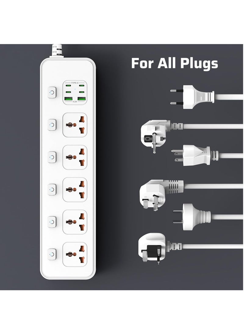 Anmi - 3M Extension Cord Universal Power Strips 5 AC/ 2 USB A/4 USB C Power strip 6 individual switches Surge Protection For Home office White - Image 1