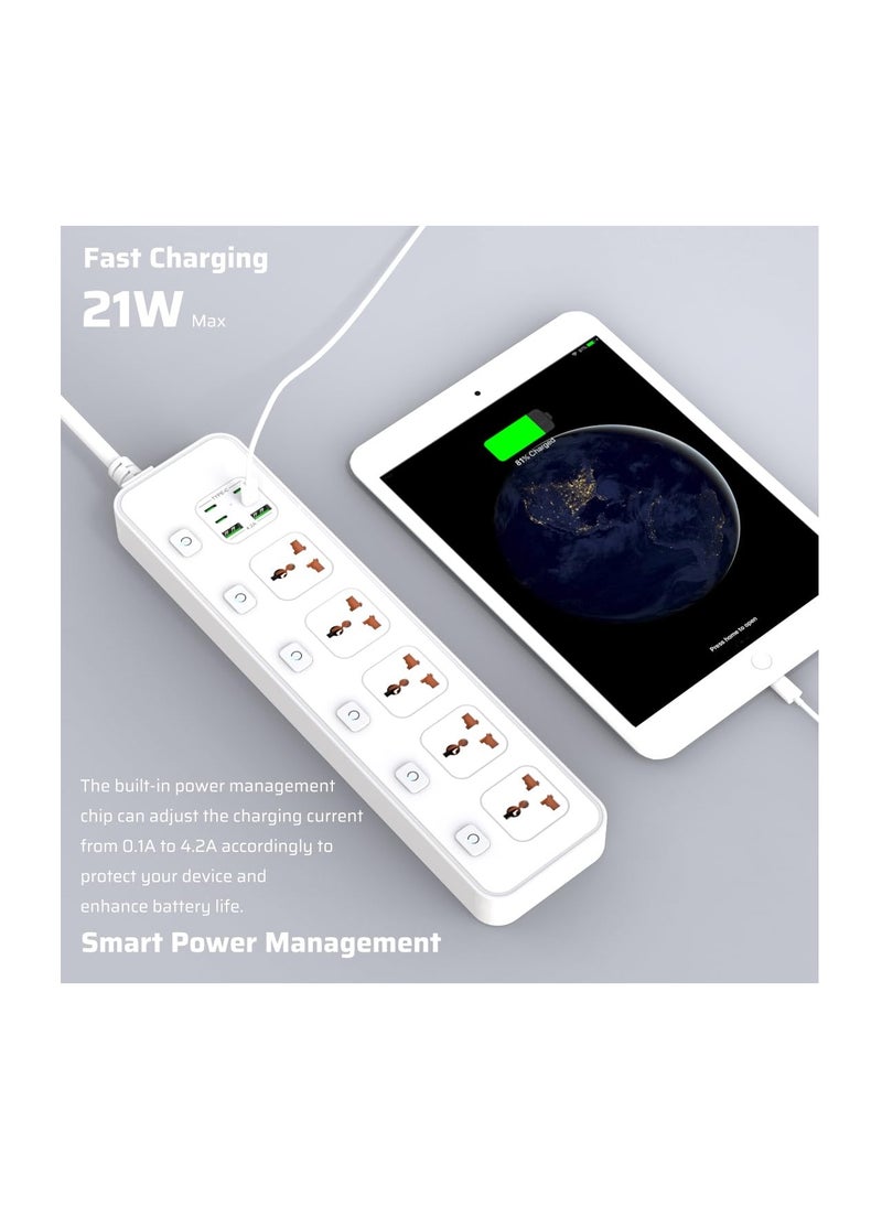 Anmi - 3M Extension Cord Universal Power Strips 5 AC/ 2 USB A/4 USB C Power strip 6 individual switches Surge Protection For Home office White - Image 1