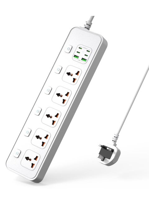سلك التمديد تمديد الطاقة الشاملة 5 AC/2 USB A/4 USB C شريط الطاقة 6 مفاتيح فردية الحماية من شدة التيار للمكتب المنزلي الأبيض