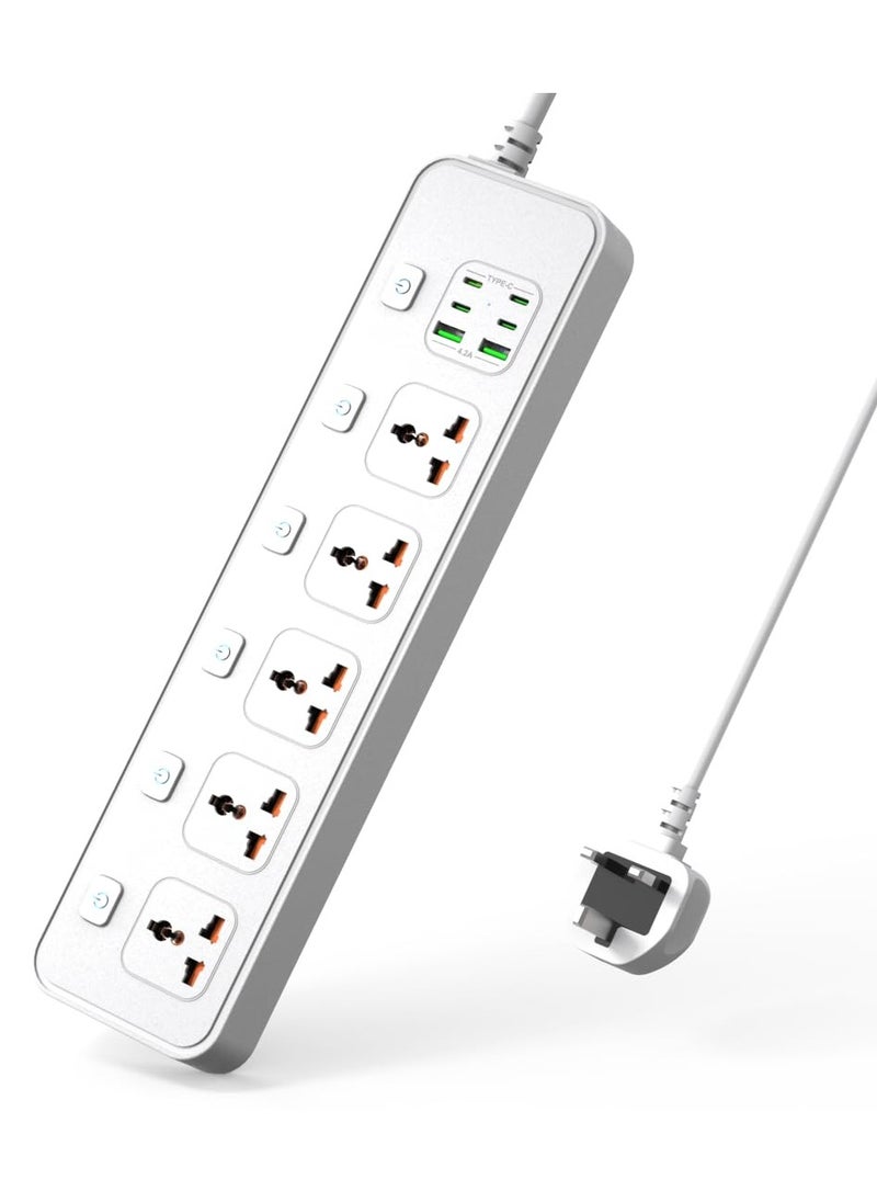 Anmi - 3M Extension Cord Universal Power Strips 5 AC/ 2 USB A/4 USB C Power strip 6 individual switches Surge Protection For Home office White - Image 1