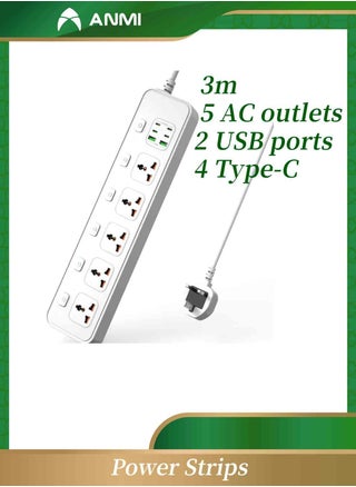 3M Extension Cord Universal Power Strips 5 AC/ 2 USB A/4 USB C Power strip 6 individual switches Surge Protection For Home office White - pzsku/ZBC3D2B8F5C65B030C9C7Z/45/1752137787/a6fe9f30-0e93-4ca0-99fa-25dceeab8bd2