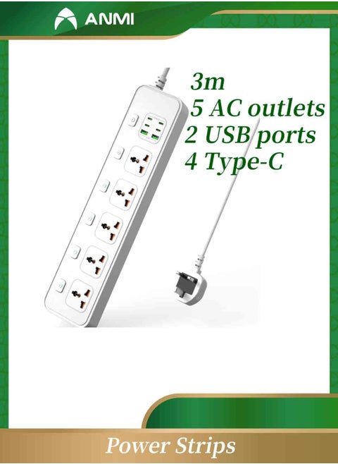 3M Extension Cord Universal Power Strips 5 AC/ 2 USB A/4 USB C Power strip 6 individual switches Surge Protection For Home office White