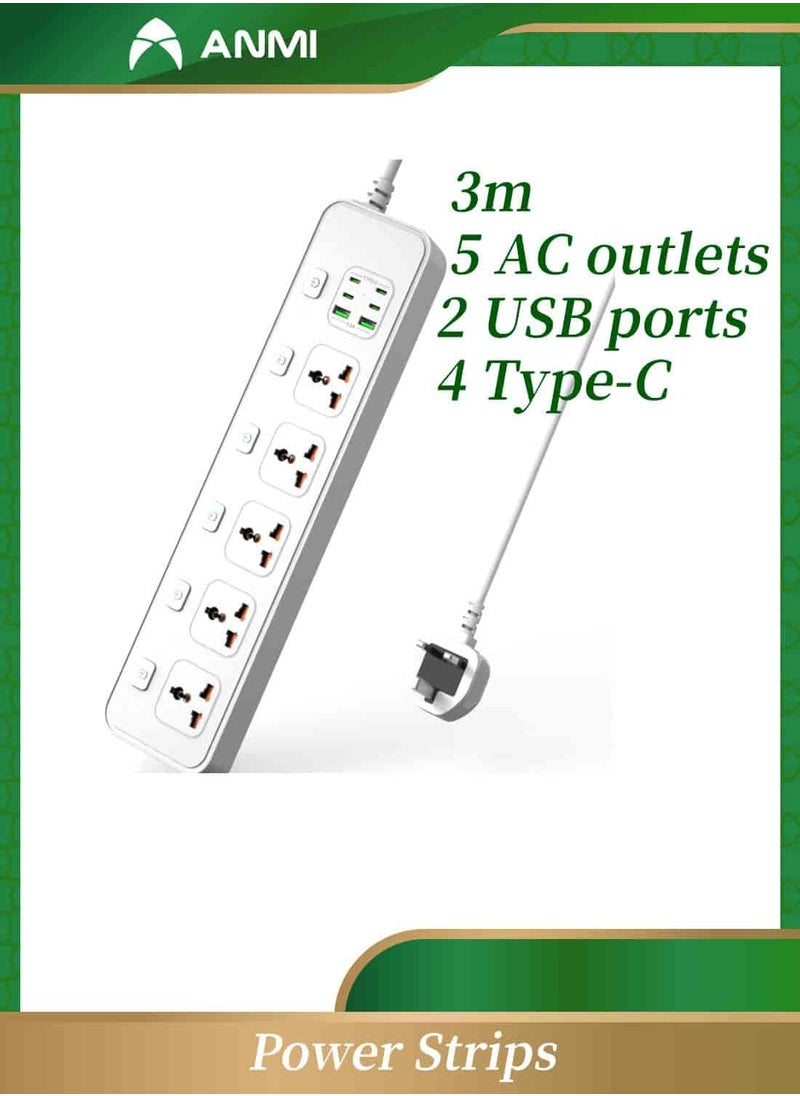 3M Extension Cord Universal Power Strips 5 AC/ 2 USB A/4 USB C Power strip 6 individual switches Surge Protection For Home office White