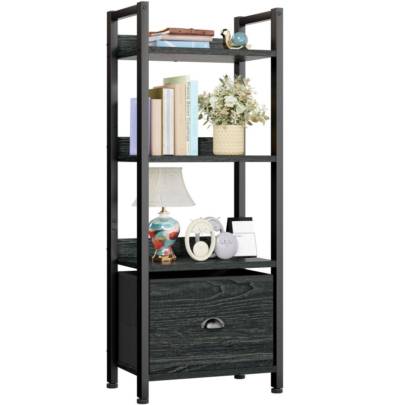 Furologee 4 Tier Bookshelf with Drawer, Small Narrow Bookcase, Wood and Metal Standing Shelf Unit, Industrial Display Storage Shelves Organizer for Bedroom, Living Room, Entryway, Black - Image 1