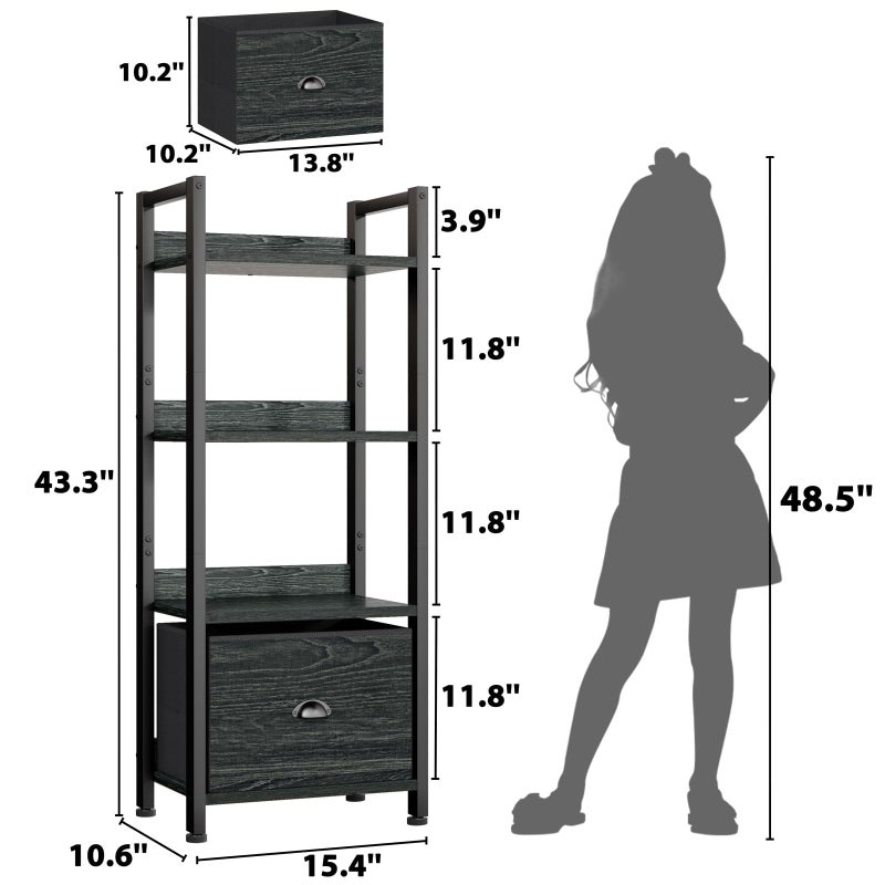 Furologee 4 Tier Bookshelf with Drawer, Small Narrow Bookcase, Wood and Metal Standing Shelf Unit, Industrial Display Storage Shelves Organizer for Bedroom, Living Room, Entryway, Black - Image 2