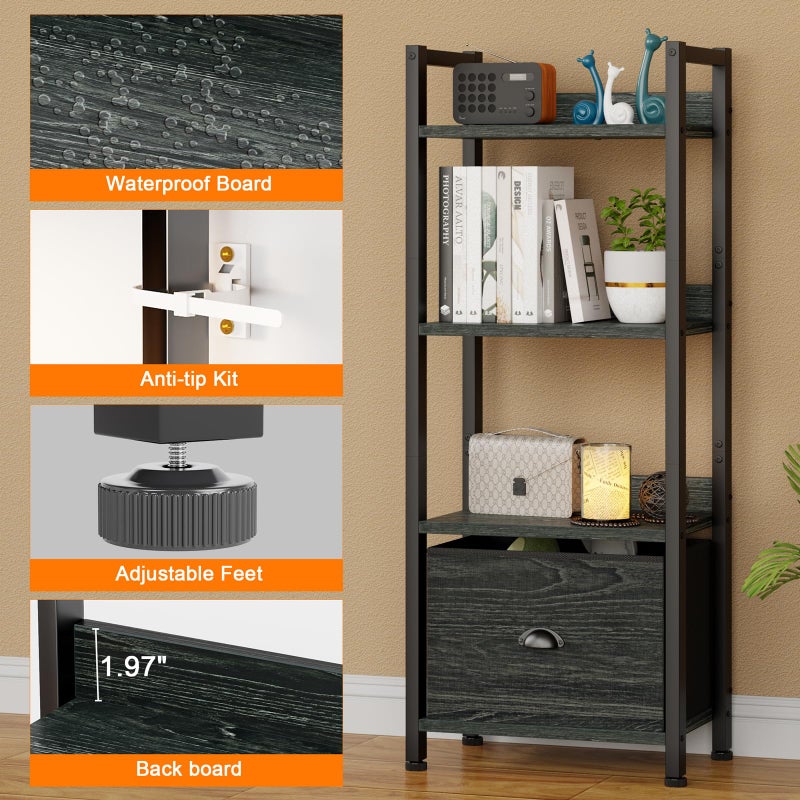 Furologee 4 Tier Bookshelf with Drawer, Small Narrow Bookcase, Wood and Metal Standing Shelf Unit, Industrial Display Storage Shelves Organizer for Bedroom, Living Room, Entryway, Black - Image 4