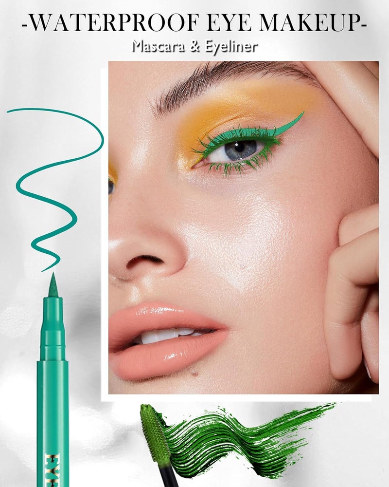 Lestpola Green Waterproof Mascara & Eyeliner Set, 5D Silk Fiber Liquid Lash Extensions Colored Tubing Mascara Volume and Length, Long Lasting, Smudge-Proof Curling Non-Clumping Mascara & Eyeliner Pen for Women - Image 2