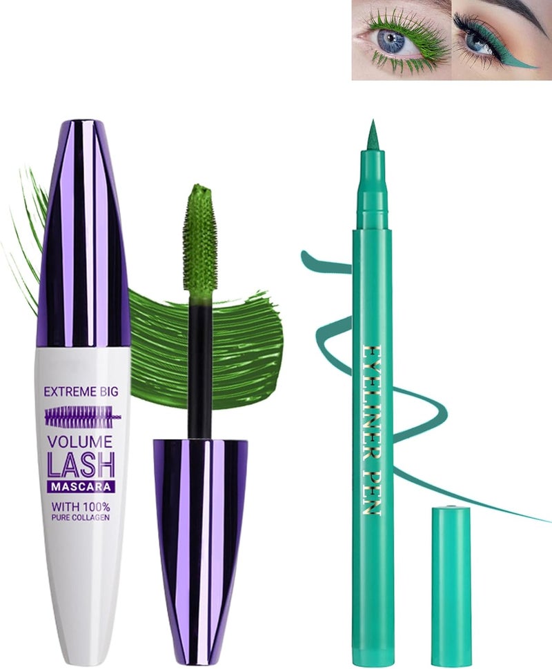 Lestpola Green Waterproof Mascara & Eyeliner Set, 5D Silk Fiber Liquid Lash Extensions Colored Tubing Mascara Volume and Length, Long Lasting, Smudge-Proof Curling Non-Clumping Mascara & Eyeliner Pen for Women - Image 1