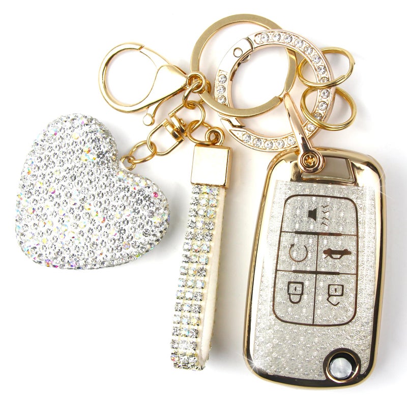YIKECASE Key Fob Cover with Diamond Keychain for Women, Car Key Holder Compatible with Chevy Cruze Camaro Malibu Equinox Impala GMC Buick Encore Regal Flip Folding Protector, 5 Buttons (White-Heart) - Image 1