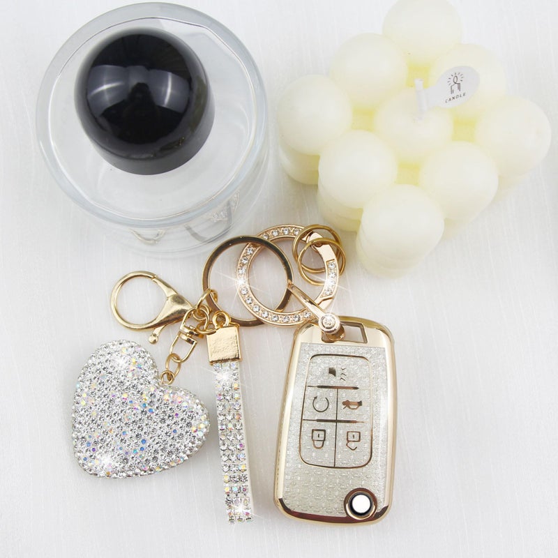 YIKECASE Key Fob Cover with Diamond Keychain for Women, Car Key Holder Compatible with Chevy Cruze Camaro Malibu Equinox Impala GMC Buick Encore Regal Flip Folding Protector, 5 Buttons (White-Heart) - Image 4