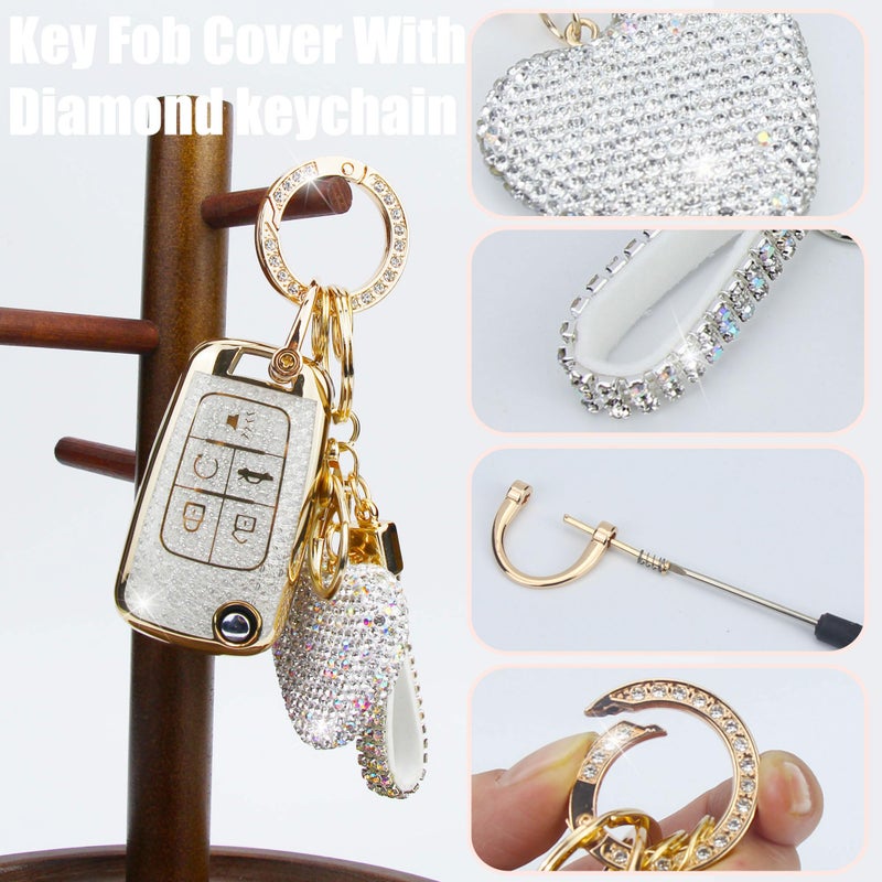 YIKECASE Key Fob Cover with Diamond Keychain for Women, Car Key Holder Compatible with Chevy Cruze Camaro Malibu Equinox Impala GMC Buick Encore Regal Flip Folding Protector, 5 Buttons (White-Heart) - Image 3