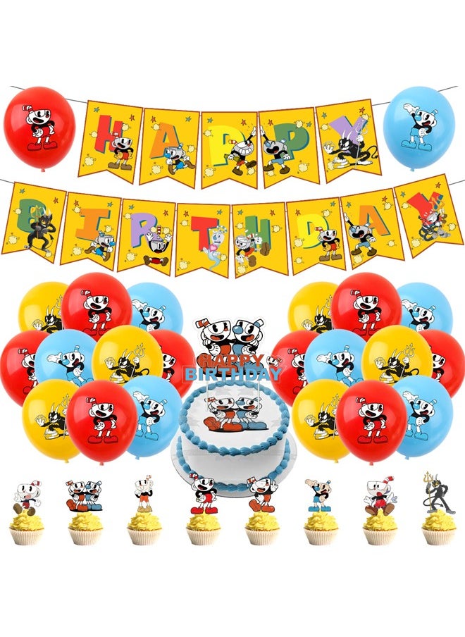 Zeemey - Cuphead Balloon Set with Happy Birthday Banner,Cake Topper,Perfect for Graduation Baby Shower Birthday Bachelorette Party Backdrop Decoration,Suitable for Indoor and Outdoor - Image 1